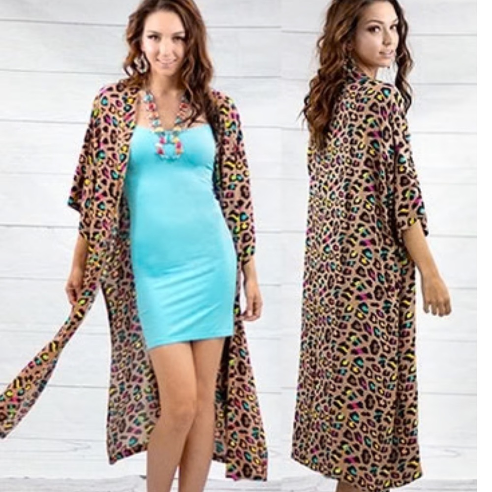 NWT Sunshine Rodeos Long Duster Colorful Animal Print Side Slits 3/4 Sleeve OS